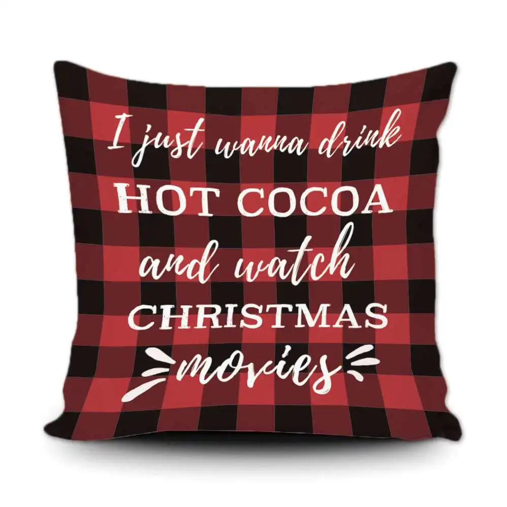 

Hot Cocoa and Chrismas Moves Winter Throw Pillow Cover Red and Black Plaid Holiday Decor Home Sofa Canvas Pillowcase 18x18 Inch