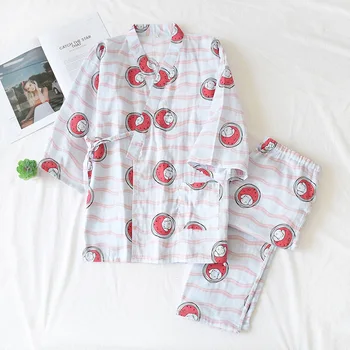 

Spring and Summer 100% Cotton Thin Kimono Pajamas Plus Size Long Sleeve Simple Pyjamas Double Layer Gauze Printing Sleepwear