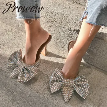 

Prowow New Women 2020 Summer Mules Gem Palace Crystal Emblishment Slip On Bowtie HIgh Heel Mules Shoes Women