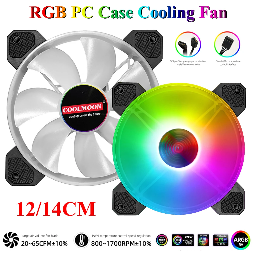 COOLMOON 12CM 12V PC Case Cooler Fan 5V 3Pin ARGB PWM Radiator or 14CM Mute RGB 6Pin Heatsink Computer Chassis Cooling | Компьютеры и