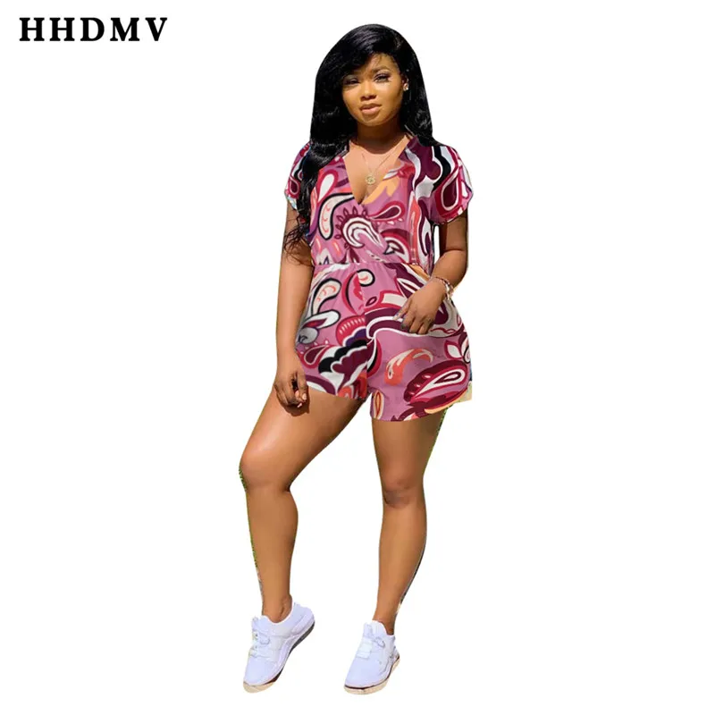 HHDMV OX8051 Fashion Women Summer Colorful Print Short Sleeve Playsuit Sexy Club Short Pant Rompers V-neck Jumpsuit