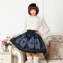 Принцесса сладкий Лолита Юбки синий Принт солнце и луна превосходная льняная ткань юбки Лолита кружевная плиссированная юбка Леди GZWY077