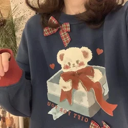 Deeptown Kawaii Korean Style Bear Cartoon Print Oversize Hoodies Women Blue Harajuku Cute Long Sleeve Pullover Female Sweatshirt