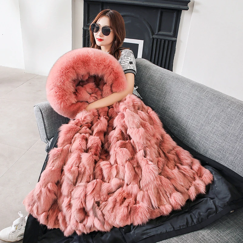 

Tatyana Women Pink Real Fox Fur Parka For Women Warm Winter Long Coat With Natural Fox Fur Collar Hood Female Parka Jacket