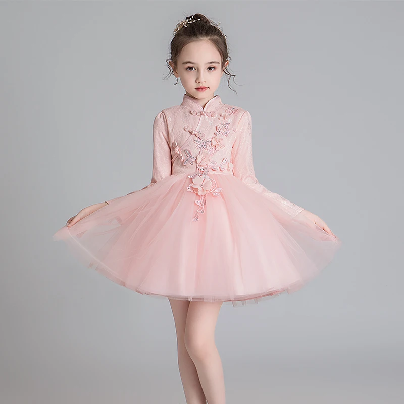 Сетчатое платье принцессы; костюм с длинными рукавами; платье-пачка принцессы с цветочным узором для девочек; платье на свадьбу, день рождения, вечеринку; детская одежда для девочек - Цвет: Розовый