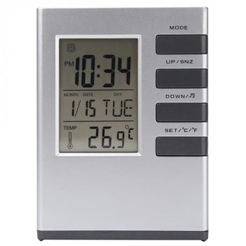 

Word Alarm Clock with Pen Holder LED Time Temperature Display Battery Powered Silver