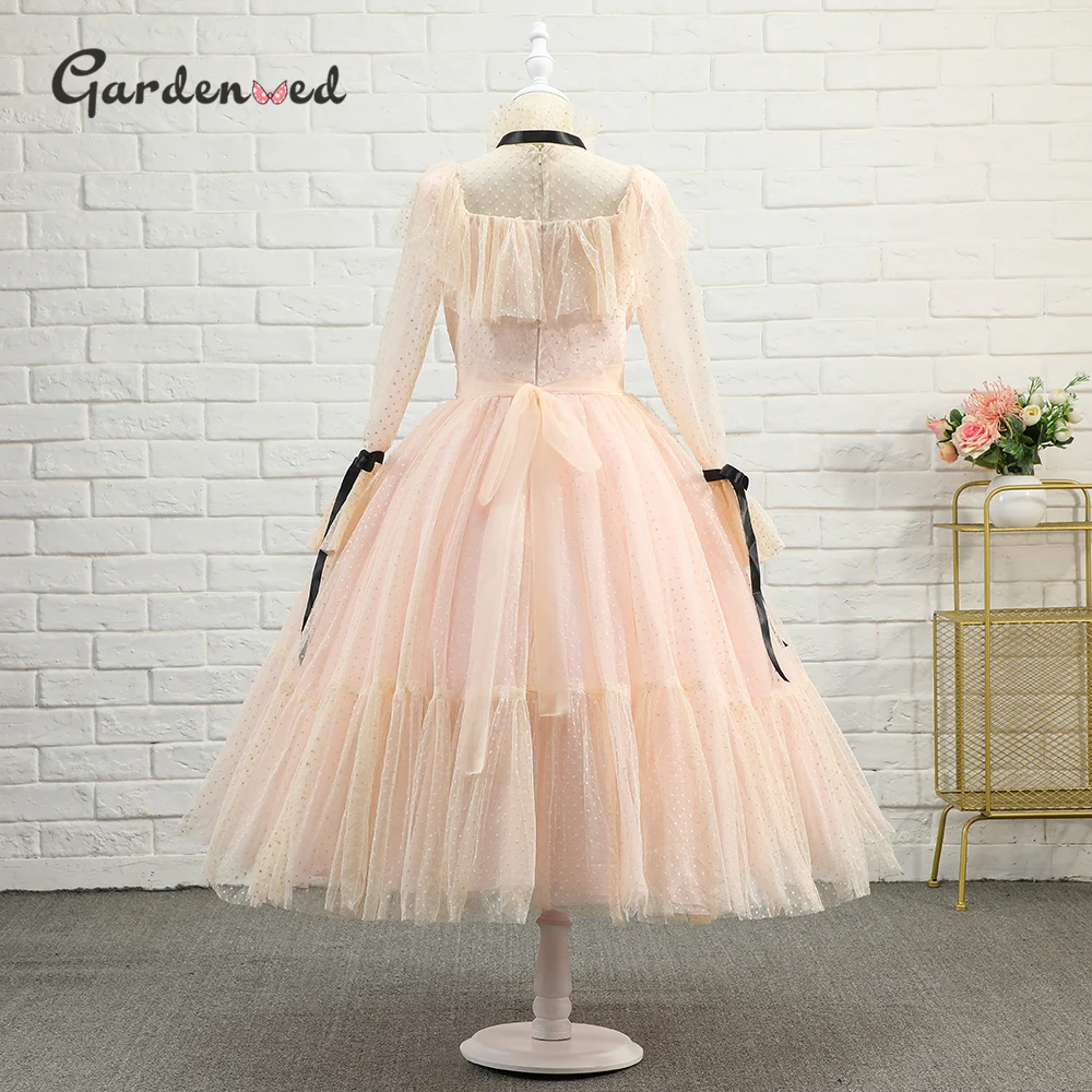 Polka-dot Tulle Flower Girl Dresses Illusion Long Sleeves Girl Wedding Party Dress Ribbons Communion Dress Birthday New Year