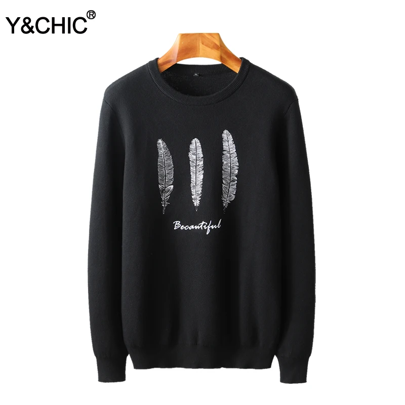 Y&CHIC осень и зима новый мужской толстый длинный рукав мода перо вышивка 100% хлопок