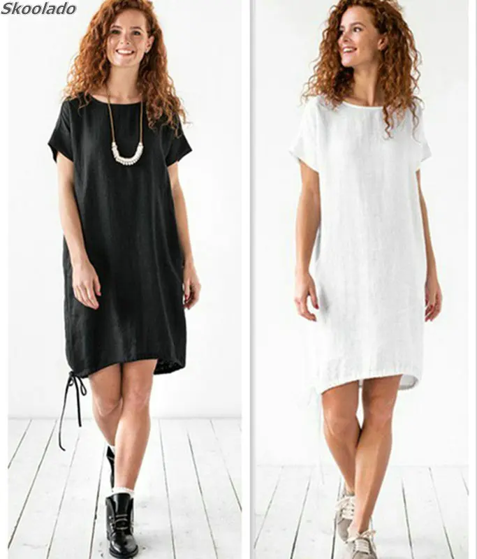 

Women O Neck Short Sleeve Sundress Summer Solid Cotton Linen Dress Long Vestido Female Robe Casual Party Dress high quality lady