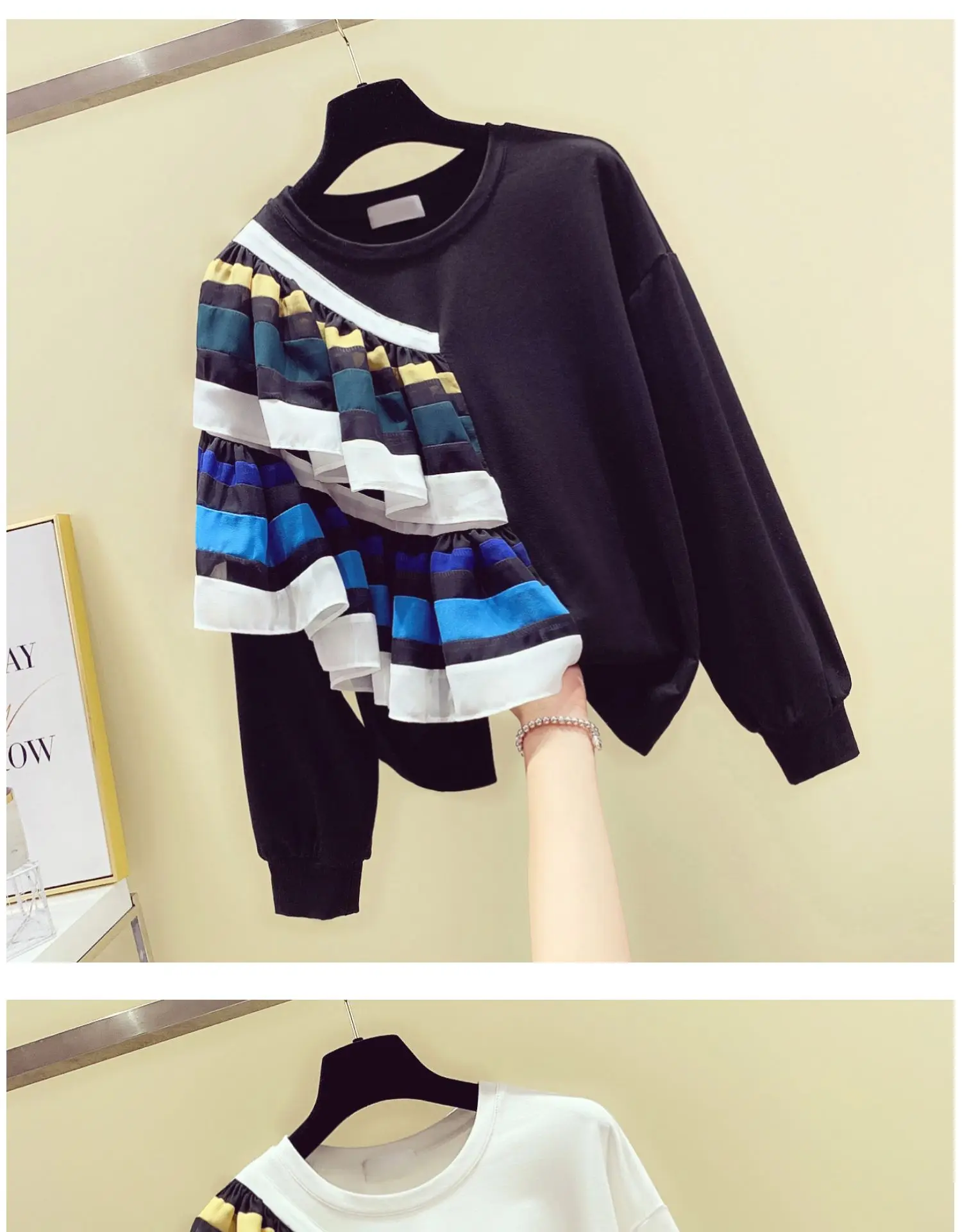 Autumn Winter Crewneck Long Sleeve Hoodie Women New Korean Jacquard Flounces Printed Stitching Loose Coat Girls Pullovers