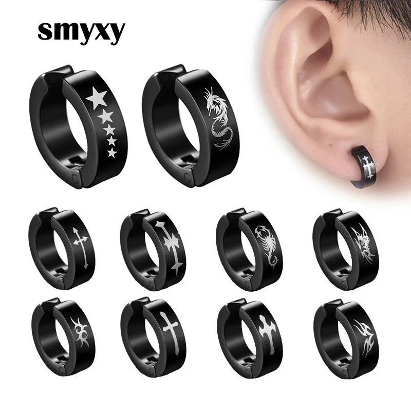 1 pieza Punk de acero de titanio oído pendientes de Clip pendientes largos aretes pendientes para hombres y mujeres imprimir patrón negro No perforado oreja de mentira círculo nuevo Pop de la joyería