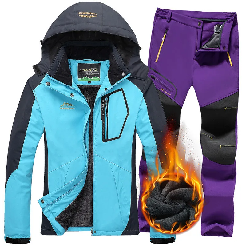 Moon blue Purple Женские лыжные костюмы, водонепроницаемые куртки, штаны, термо флисовое пальто, уличные Горные лыжи, сноуборд, зимние женские куртки, брюки размера плюс - Цвет: Moon blue Purple