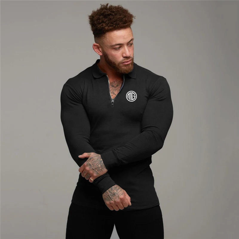 

Running Polo Shirt Male Tights Sport Long Sleeve T-shirt Cotton Tops Tees Muscle Men Compression Shirt Gym Fitness Clothing