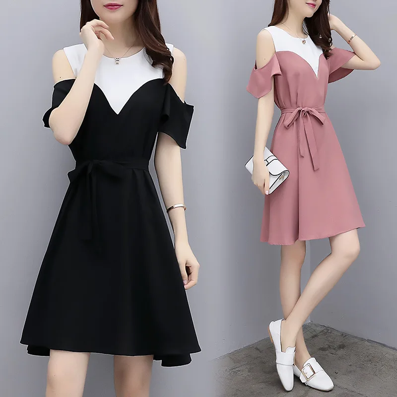 

2019 Summer Wear New Large Size Dress-Style off-Shoulder Mixed Colors Mid-length Waist Hugging Slimming Dress
