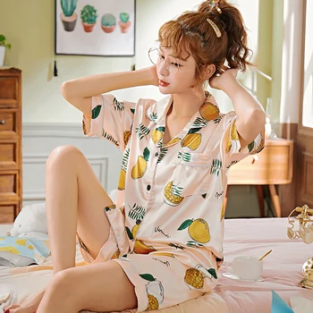 

Short Sleeve Silk Pajamas Spring Women Summer Pajama Sets Mango cartoon Pijama Sleepwear Pyjamas Plus Size Nightwear Set