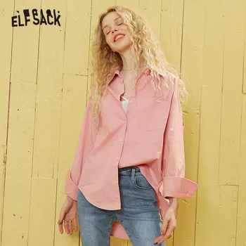 

ELFSACK White Solid Minimalist Style Oversive Blouse Women 2020 Spring Pink Pure Long Sleeve Casual Ladies Daily Basic Tops