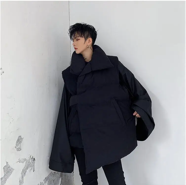 S-XL! зимнее темно-черное хип-хоп индивидуальное ассиметричное хлопковое пальто без рукавов мужской свободный ленивый хлопковый жилет