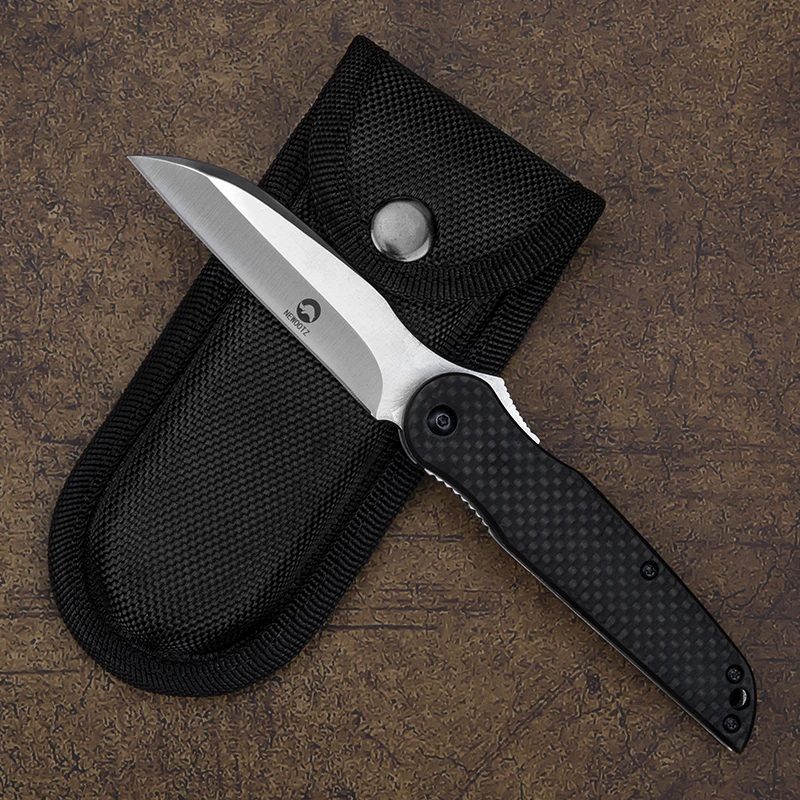 Japanese Style Folding Pocket Knife with Nylon Sheath Carbon Fiber Handle D2 Blade EDC Tool Knives for Camping Survival Outdoors 3