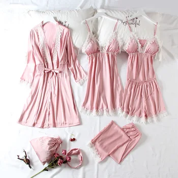 

Silky Women 7PCS Nighty&Robe Gown Casual Bride Bridesmaid Wedding Robe Bathrobe Nightwear Home Clothes Sleepwear Nightgown