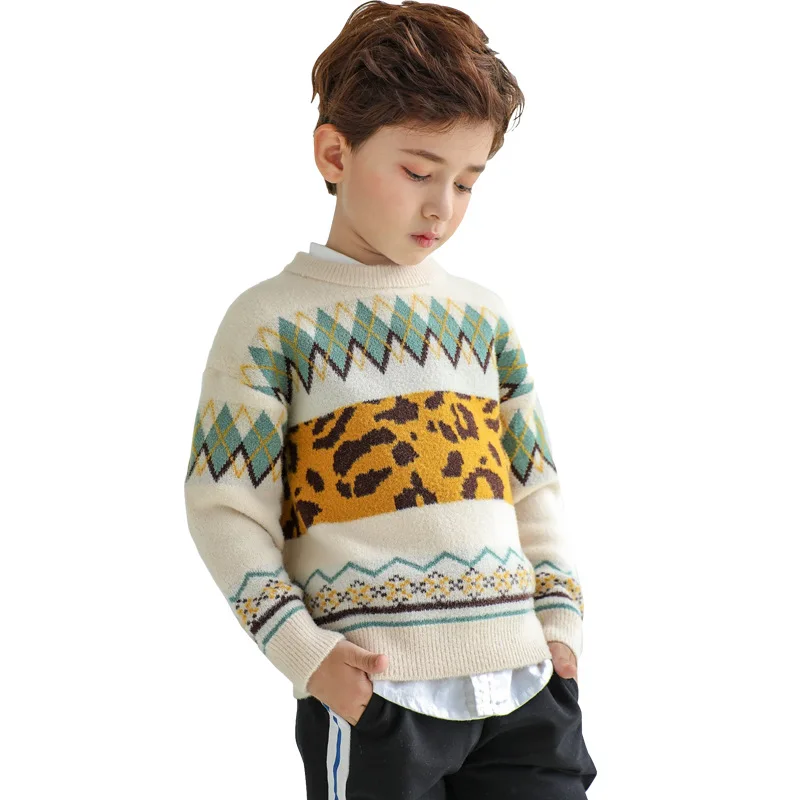 

Boy sweater 2019 new Pullover autumn and winter clothes for children warm Korean version of the leopard pattern mink velvet 2019