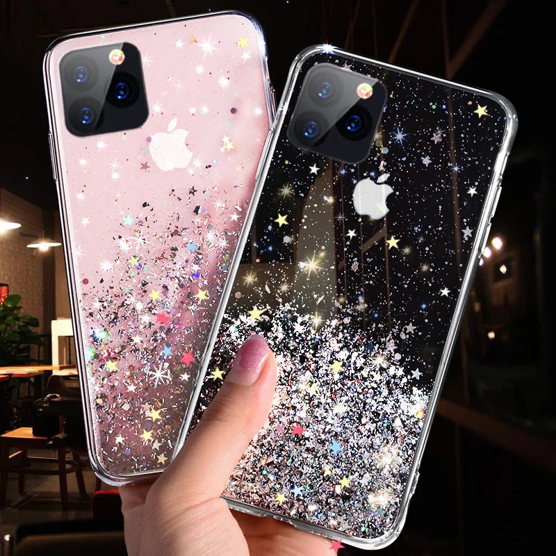 

Luxury Bling Sequins Star Glitter Phone Case For iphone 11 Pro X XR XS MAX 6 s 6S 7 7Plus 8 Plus Transparent Soft TPU Cover Case