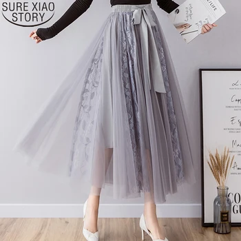 

Women Pleated Skirt Lace Mesh Long Skirt Jupe Longue Femme Spring Lace Tulle Maxi Skirts Elastic High Waist Solid Skirts 9785