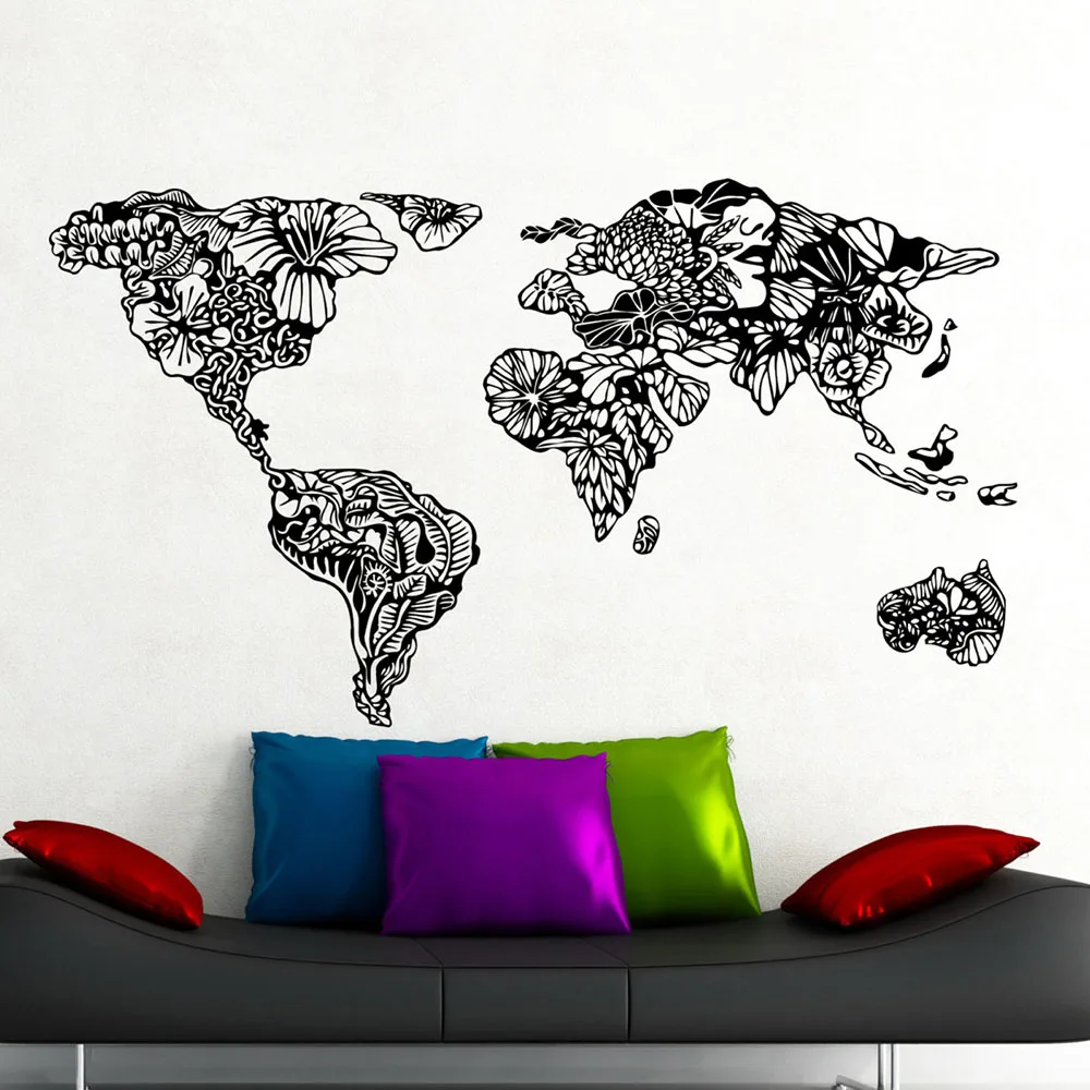 Mappa Del Mondo Fiori Adesivo Mappa Del Mondo Fauna Stile Floreale Adesivo Da Parete In Vinile Office Home Room Decoration Murale Impermeabile Z906
