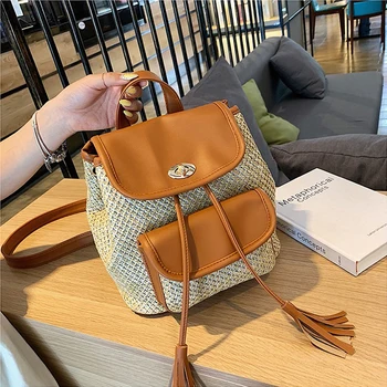 

Fashion Straw Backpacks Rattan Backpack For Teenagers Girls Weave Lucury Pu School Bags Casual Summer Beach Travel Purse Large