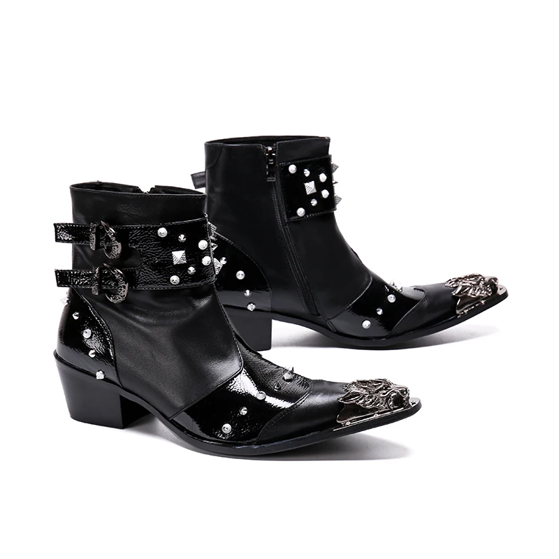 Punk Style Rivets Men Real Leather Boots Metal Pointed Toe Motorcycle Short Boots Male Plus Size Buckle Cowboy Boots Black
