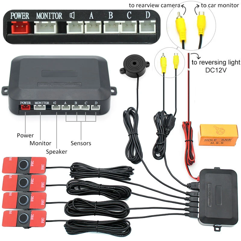 Parking Sensor Kit,Led Parking Sensor Kit,Parking Sensor,Car Led Parking Sensor,GreenYi Car Parktronics Assistance 4PCS 16mm Adjustable Flat Sensors Reverse Backup Radar Sensor Detector Sound Buzzer Alarm