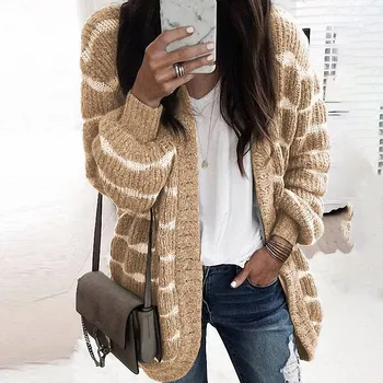 

White Striped Knit Cardigan Sweaters for Women Long Sleeve Thicken Female Sweaters Autumn Winter Ladies Casual Knitted Outwear