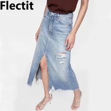 Flectit Women Ripped Midi Denim Skirt Fringed Front Split High Waist Distressed Jeans Skirt Ladies 2019 Outfit *