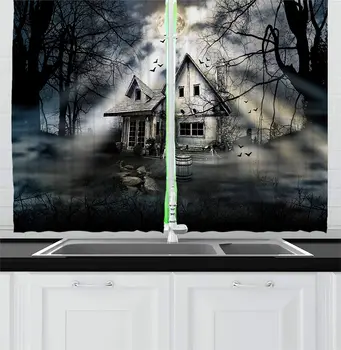 

Halloween Kitchen Window Curtains Haunted House with Dark Horror Atmosphere Cloudy Mysterious Frightening Window for Kitchen