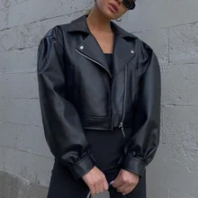 PU Leather Women Winter 2020 New Black Bubble Sleeve Suit Collar Jacket Casual Zipper Jacket Jackets for Women куртка женская