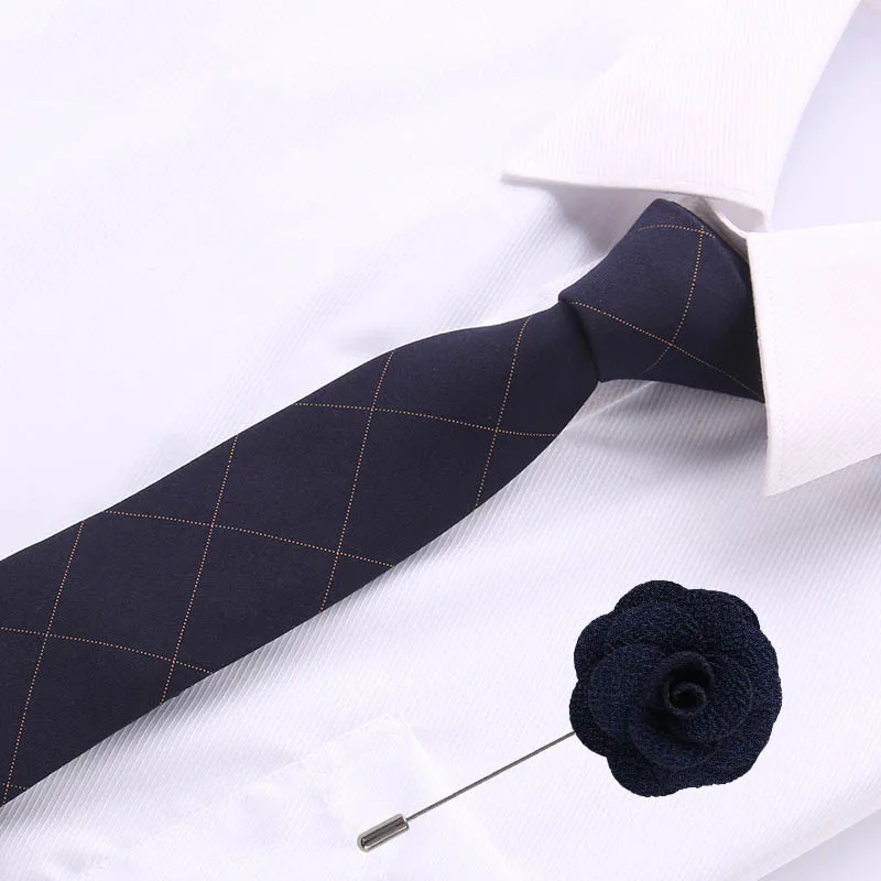 

2020 New Male Neck Black Plaid Tie Men Skinny Cotton necktie wedding&party 6.5cm ties fashion Mens Business With Brooch