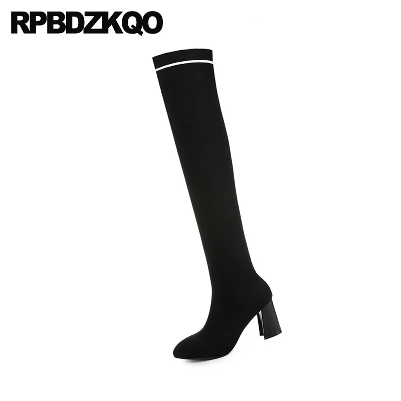 over the knee slim tall fur thick slip on black long knit chunky ladies women boots winter sock high heel round toe shoes