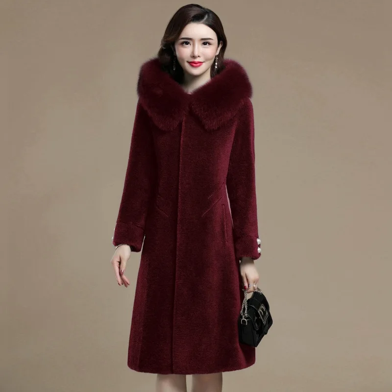 Red wine Пальто с капюшоном из овечьей шерсти, женское длинное пальто, новинка, Воротник из лисы, шерсть, композитный мех - Цвет: Red wine