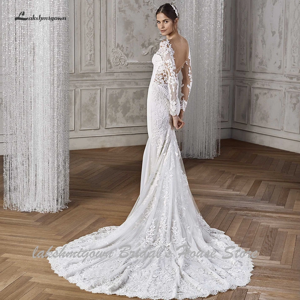 Винтажное кружевное атласное свадебное платье русалки с длинным рукавом Lakshmigown Vestidos de Novia Плайя свадебное платье свадьба платья
