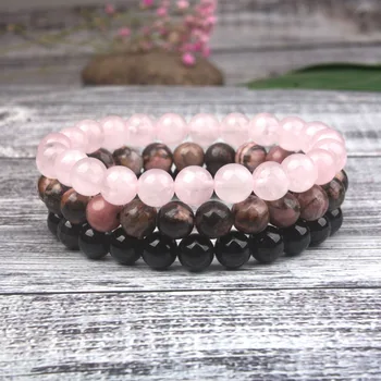 

8mm Black Onyx Rhodonite Rose Quartzs Beaded Wrist Men Women Natural Stone bracelet Stackable Mala Bracelets Set of 3 bracelet
