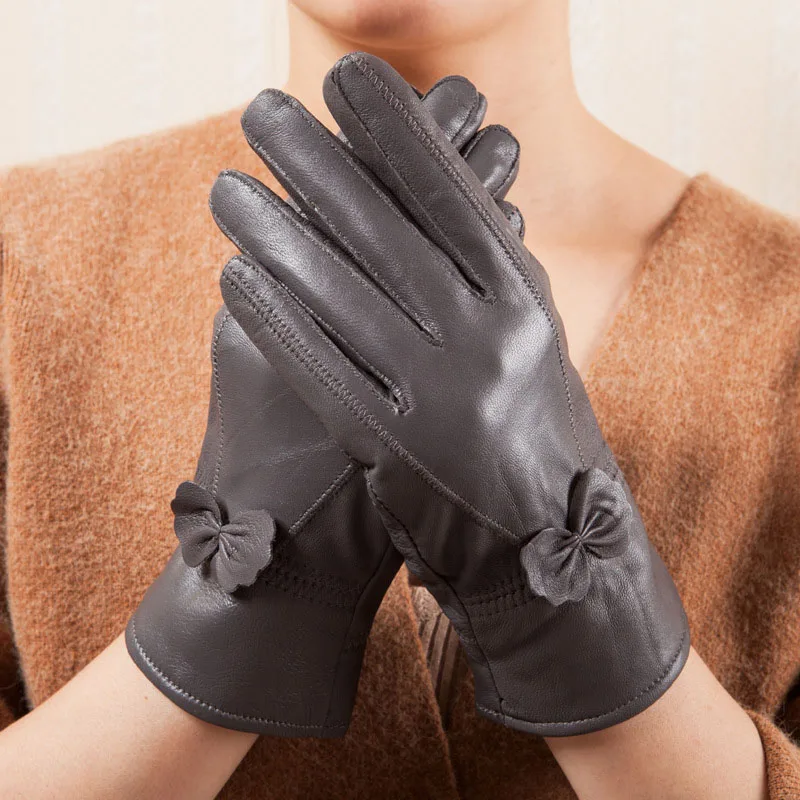Зимние теплые утолщенные бархатные женские перчатки из натуральной овчины, корейские модные перчатки с бабочкой