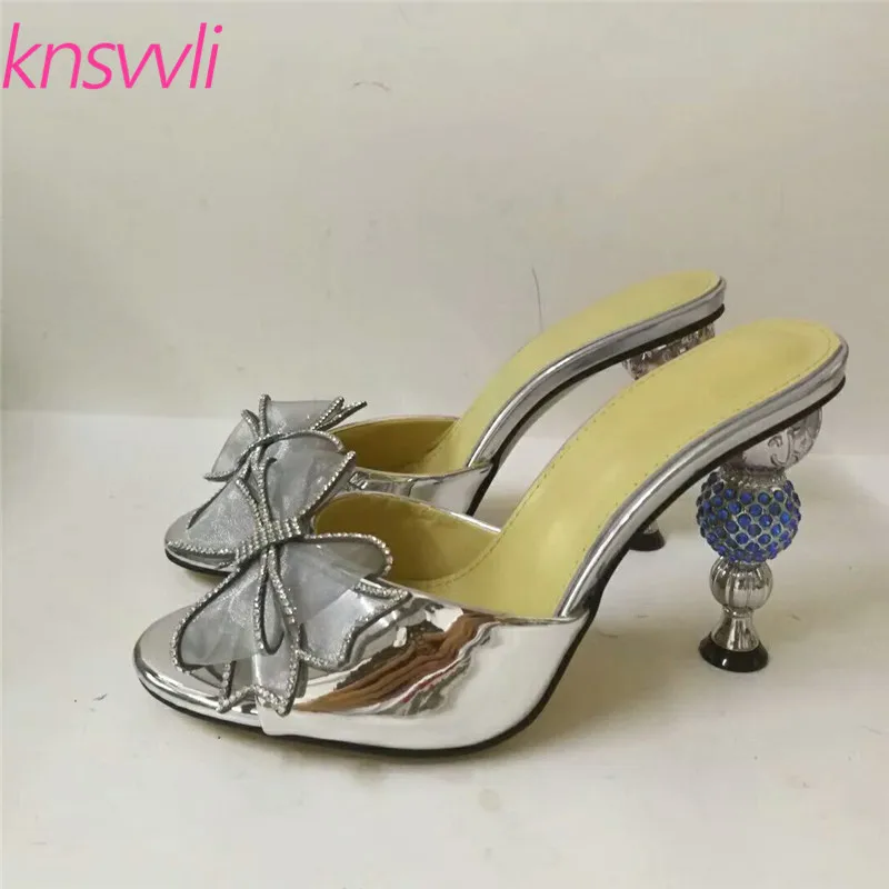 Runway Patent Leather Crystal Strange High Heel Slippers Women Butterfly Decor Silver Red Sandal Retro Summer Party Shoes Woman | Обувь