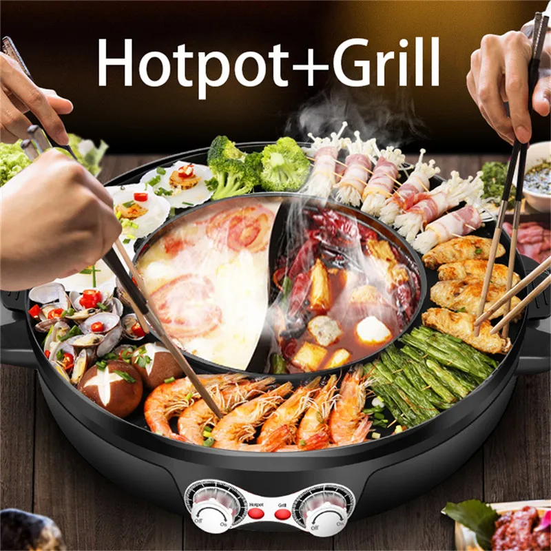 2200W 2 in 1 Electric Smokeless Grill and Hot Pot 110V Split Dual Temperature Control Barbecue