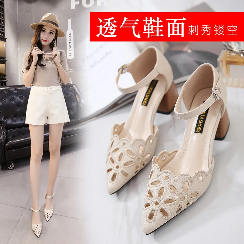 

2019 New Style Spring Summer Pointed Sandals Women's Closed-toe in Chunky-Heel Straight-line Buckle Flower Comfortable Breathabl