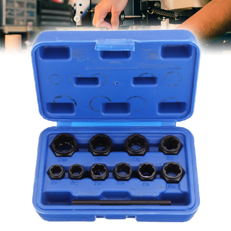

11pcs 9-19mm Damaged Nut Low Remover Stud Extractor Set Broken Bolt Screw Removal Tool With Box Hardware Repair Hand Tool
