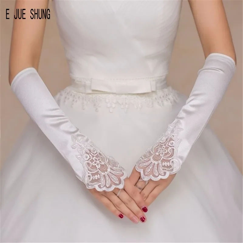

E JUE SHUNG White Ivory Bridal Gloves Lace Satin Fingerless Long Gloves For Wedding Party Cheap Wedding Accessories