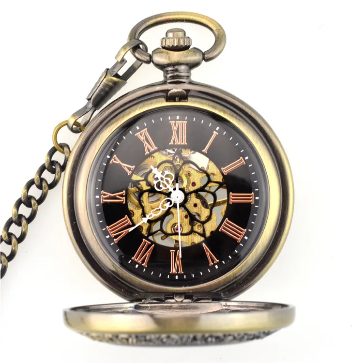 

Mechanical Pocket Watches Bronze Fashion & Casual Steampunk Hollow Retro Skeleton Dial with Fob Chain 37.5CM