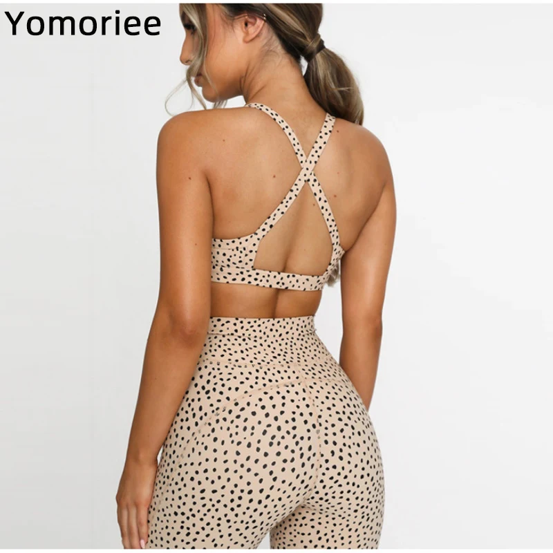 

High Waist Polka Dot Printing Yoga Fitness Suit For Women Training Gym Clothes Workout Set Two Piece Running Halter Bra Leggings