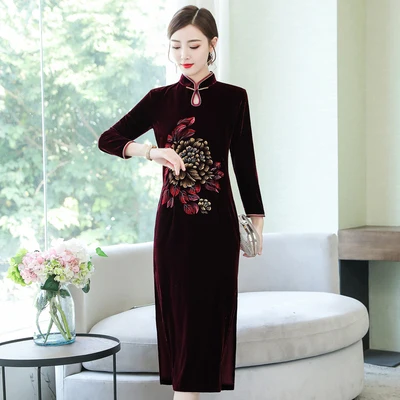 wine red ASYH-8232# платье для мамы; Cheongsam pleuche; цвет винный, красный; платья для свадебной вечеринки; длинное платье для дочери; ; женское платье среднего возраста - Цвет: wine red