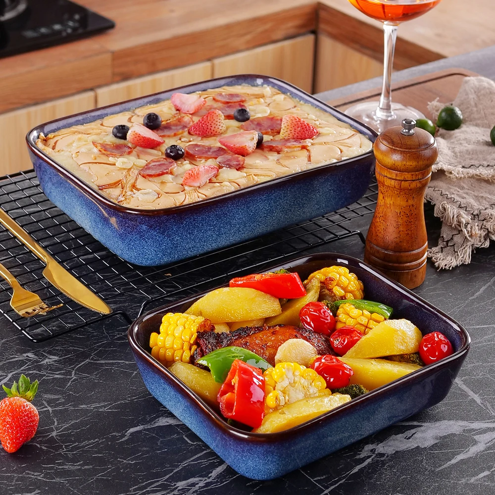 

Vancasso 2-Pieces Rectangular Coloured Glaze Stoneware Oven Baking Dish Plate Set Oven to Ideal for Lasagne/Pie/Casserole/Tapas