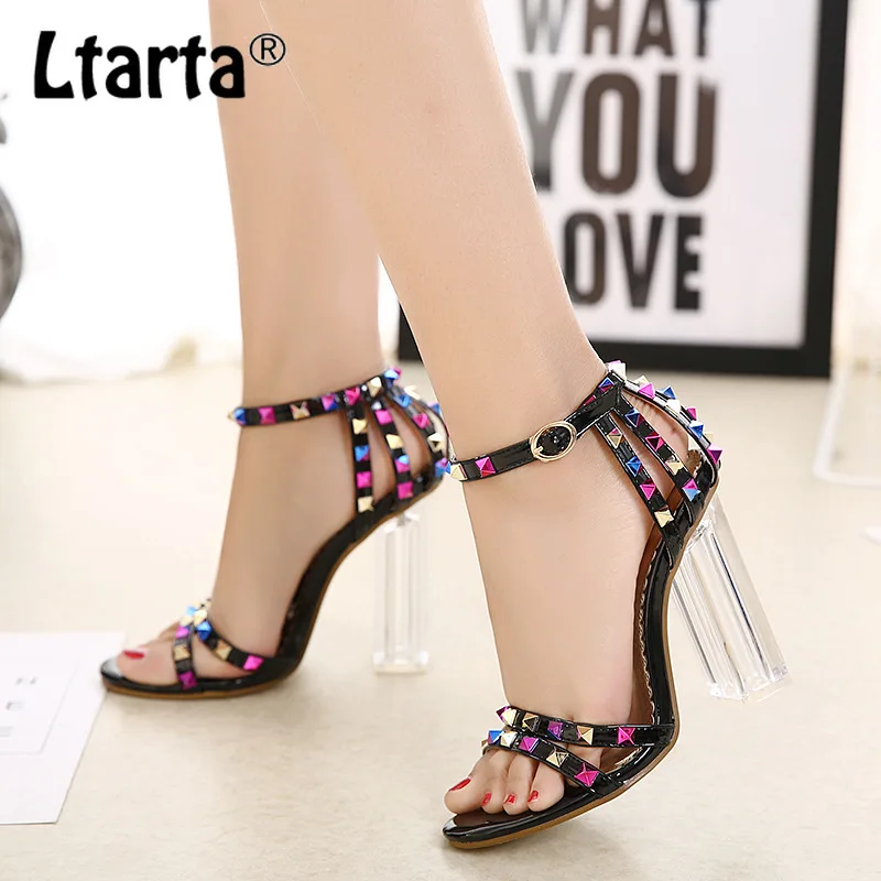 

LTARTA cross-border Supply women's Sandals Summer New Rivets Transparent Open Toe Thick High Heels Pumps 34 ZL-3923-2